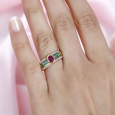 Montepuez Ruby and Multi Gemstone Ring in Vermeil Yellow Gold Over Sterling Silver (Size 6.0) 1.40 ctw