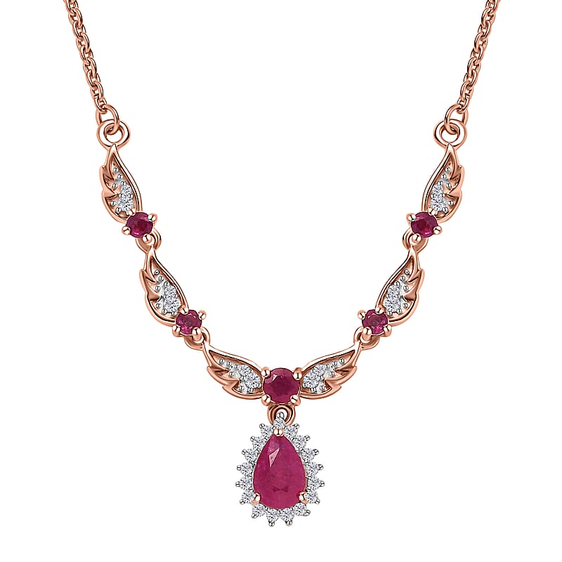 D'Joy Montepuez Ruby and White Zircon Sunburst Necklace 18-20 Inches in Vermeil Rose Gold Over Sterling Silver 1.00 ctw