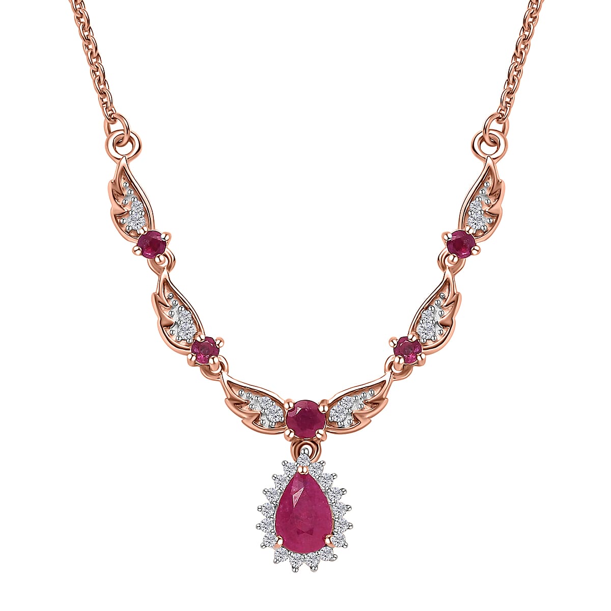 Montepuez Ruby and White Zircon Sunburst Necklace 18-20 Inches in Vermeil Rose Gold Over Sterling Silver 1.00 ctw image number 0