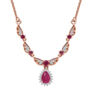 Montepuez Ruby and White Zircon Sunburst Necklace 18-20 Inches in Vermeil Rose Gold Over Sterling Silver 1.00 ctw