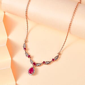 D'Joy Montepuez Ruby and White Zircon Sunburst Necklace 18-20 Inches in Vermeil Rose Gold Over Sterling Silver 1.00 ctw