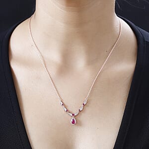 D'Joy Montepuez Ruby and White Zircon Sunburst Necklace 18-20 Inches in Vermeil Rose Gold Over Sterling Silver 1.00 ctw