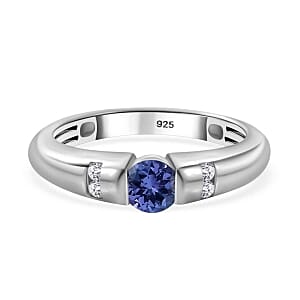 Tanzanite and White Zircon 0.40 ctw Fancy Ring in Rhodium Over Sterling Silver (Size 8)