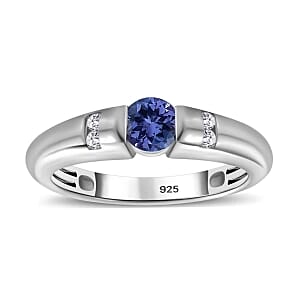 Tanzanite and White Zircon 0.40 ctw Fancy Ring in Rhodium Over Sterling Silver (Size 8)