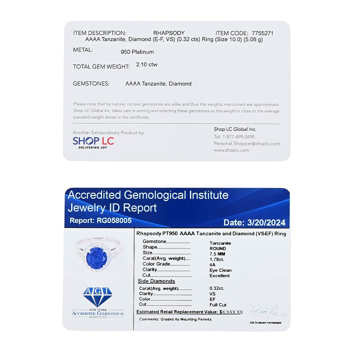 Certified & Appraised Rhapsody 950 Platinum AAAA Tanzanite, Diamond (E-F, VS) (0.32 cts) Ring (Size 5.5) (5.06 g) 2.10 ctw image number 7