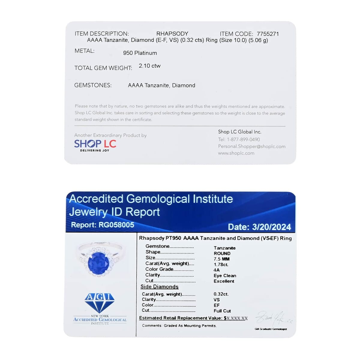 Certified & Appraised Rhapsody 950 Platinum AAAA Tanzanite, Diamond (E-F, VS) (0.32 cts) Ring (Size 8.5) (5.06 g) 2.10 ctw image number 7