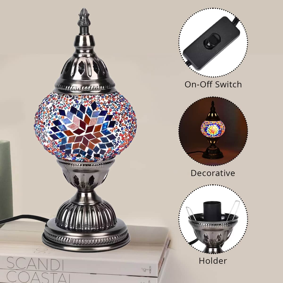 Turkish Moroccan Glass Mosaic Table Lamp (4.5x4.5x11.4) (110V, US Plug, Without Bulb, 30W) image number 2