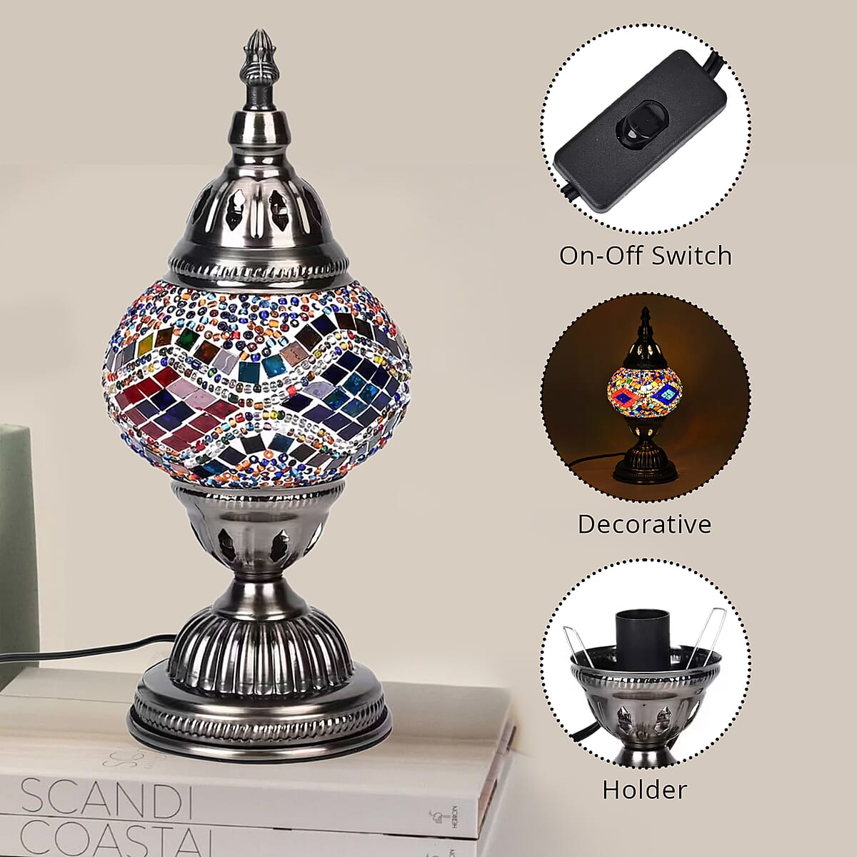 Turkish Moroccan Glass Mosaic Table Lamp (4.5x4.5x11.4) (110V, US Plug, Without Bulb, 30W) image number 2