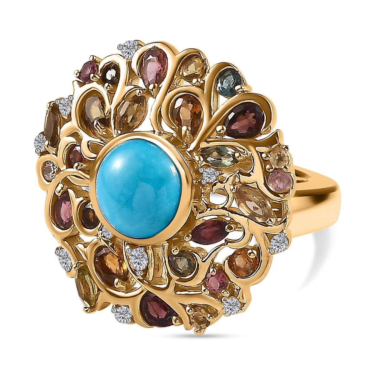 Sleeping Beauty Turquoise, Multi Gemstone 4.64 ctw Ring in 18K Vermeil Yellow Gold Over Sterling Silver (Size 10.0)