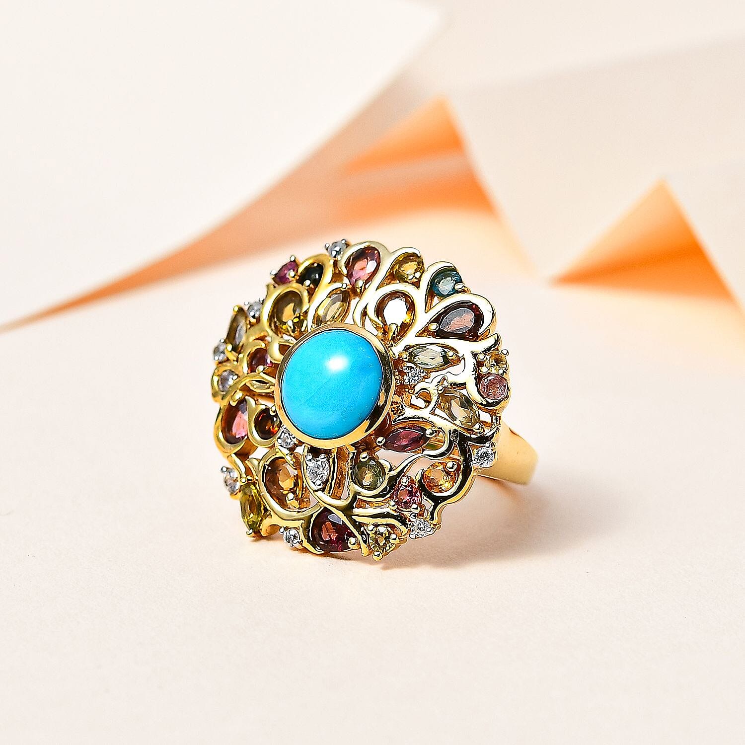 Sleeping Beauty Turquoise, Multi Gemstone 4.64 ctw Ring in 18K Vermeil Yellow Gold Over Sterling Silver (Size 10.0)