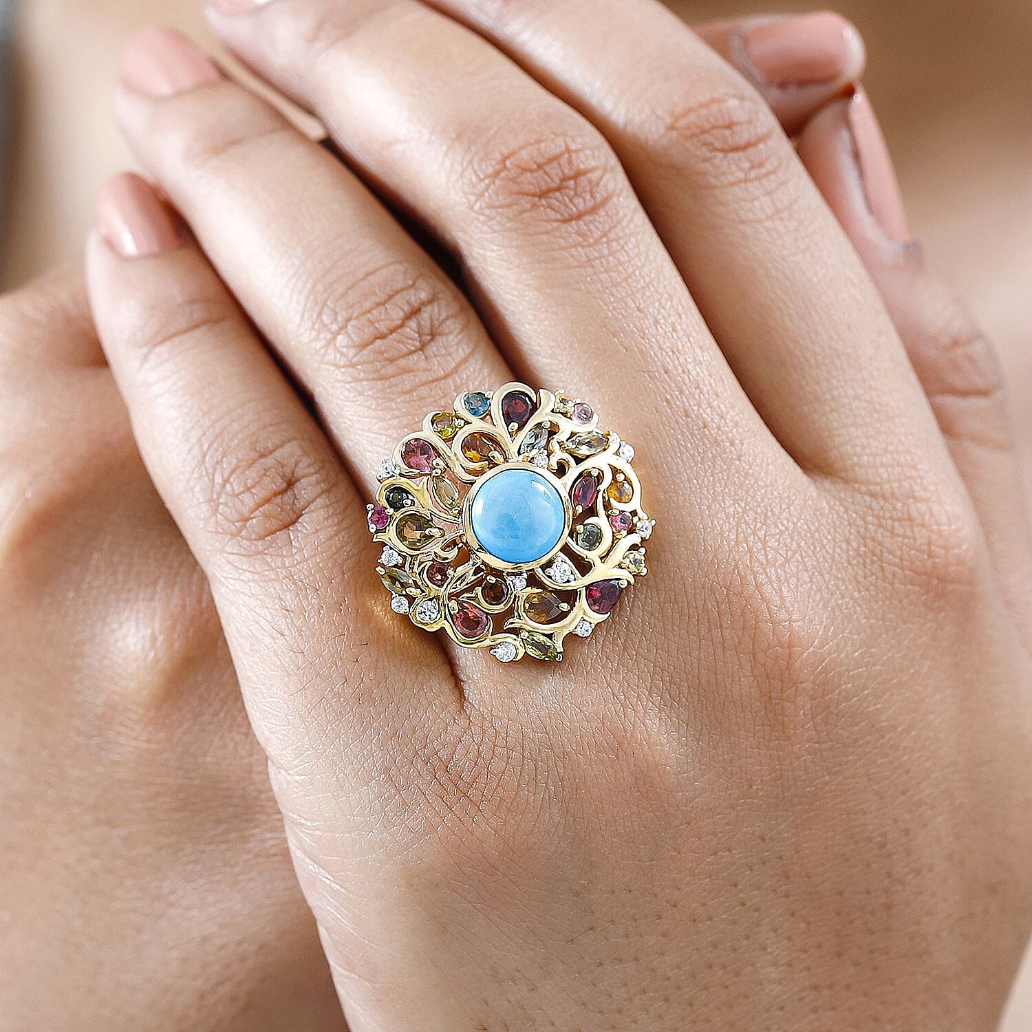 Sleeping Beauty Turquoise, Multi Gemstone 4.64 ctw Ring in 18K Vermeil Yellow Gold Over Sterling Silver (Size 10.0)