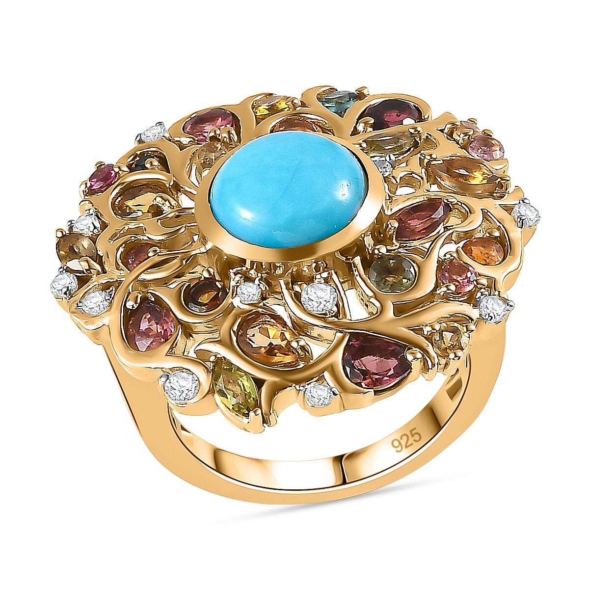 Sleeping Beauty Turquoise, Multi Gemstone 4.64 ctw Ring in 18K Vermeil Yellow Gold Over Sterling Silver (Size 10.0)