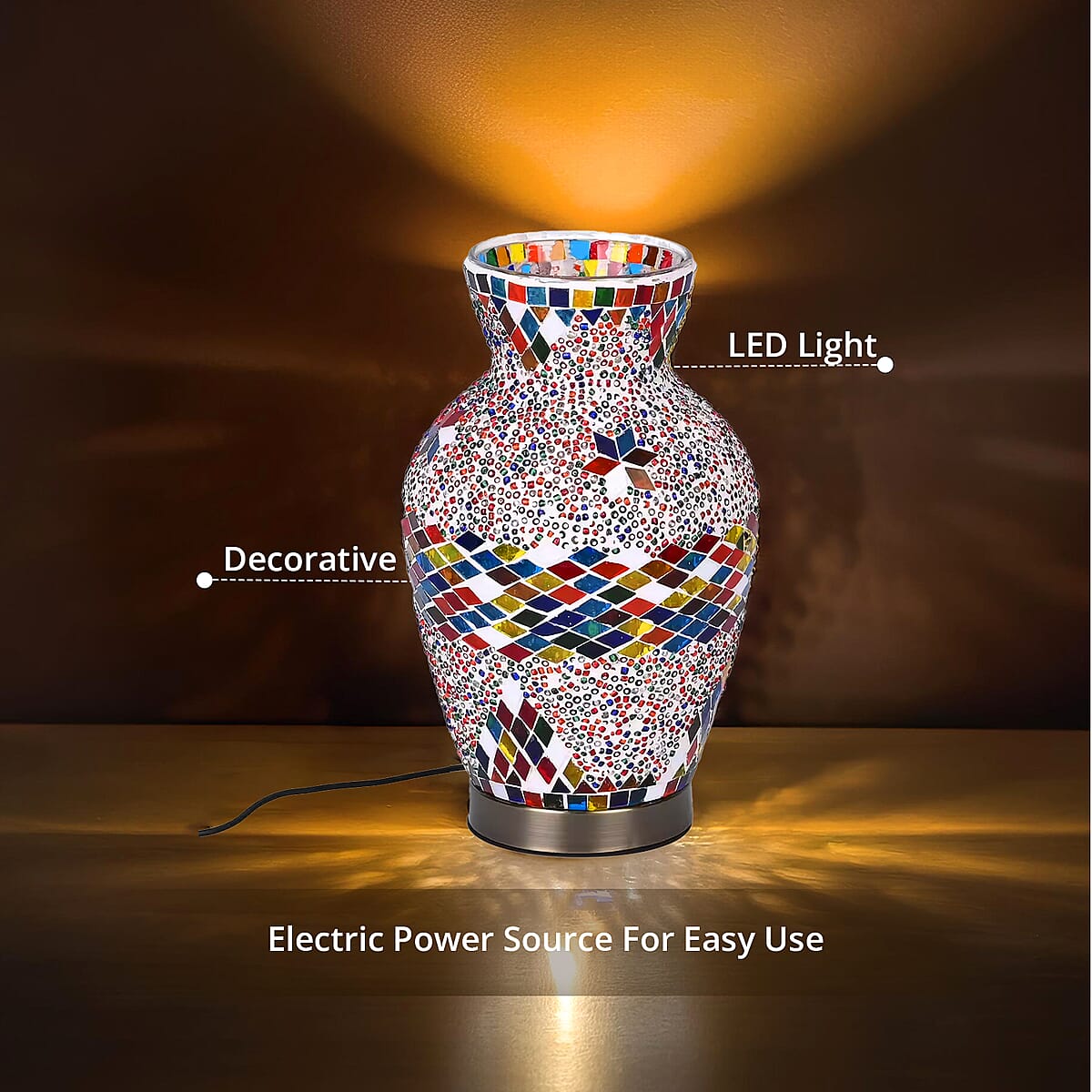 Turkish Moroccan Glass Mosaic Vase Handmade Lamp with Metal Base (5V, USB Cable, 3W) image number 2
