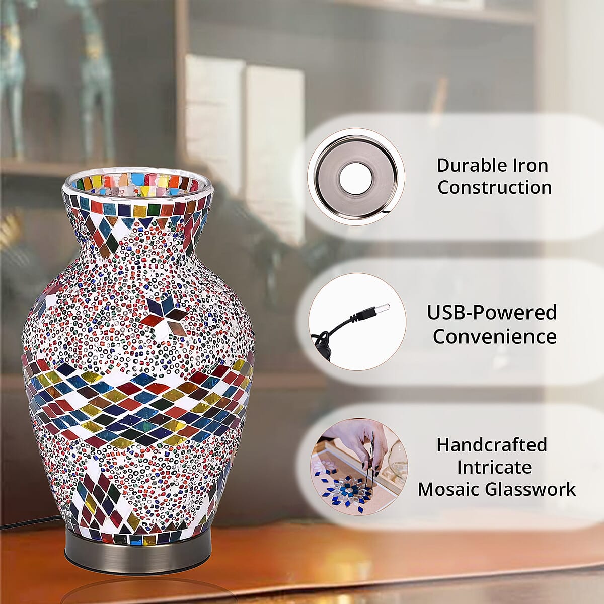 Turkish Moroccan Glass Mosaic Vase Handmade Lamp with Metal Base (5V, USB Cable, 3W) image number 3
