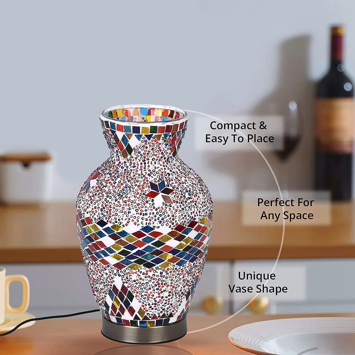 Turkish Moroccan Glass Mosaic Vase Handmade Lamp with Metal Base (5V, USB Cable, 3W) image number 4
