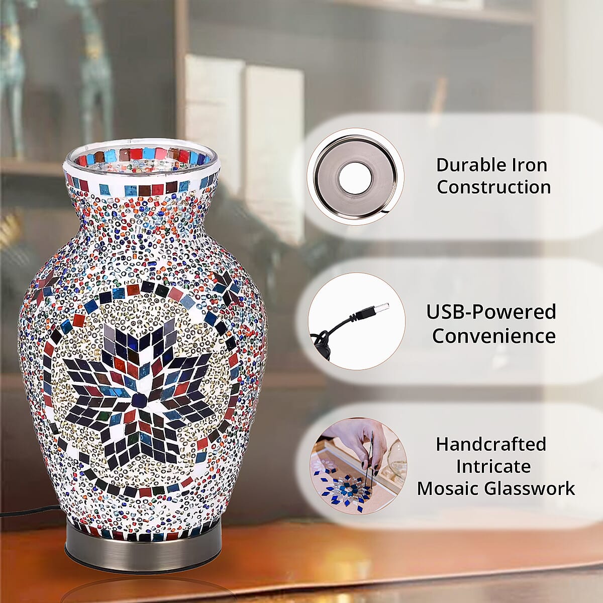 Turkish Moroccan Glass Mosaic Vase Handmade Lamp with Metal Base (5V, USB Cable, 3W) image number 3