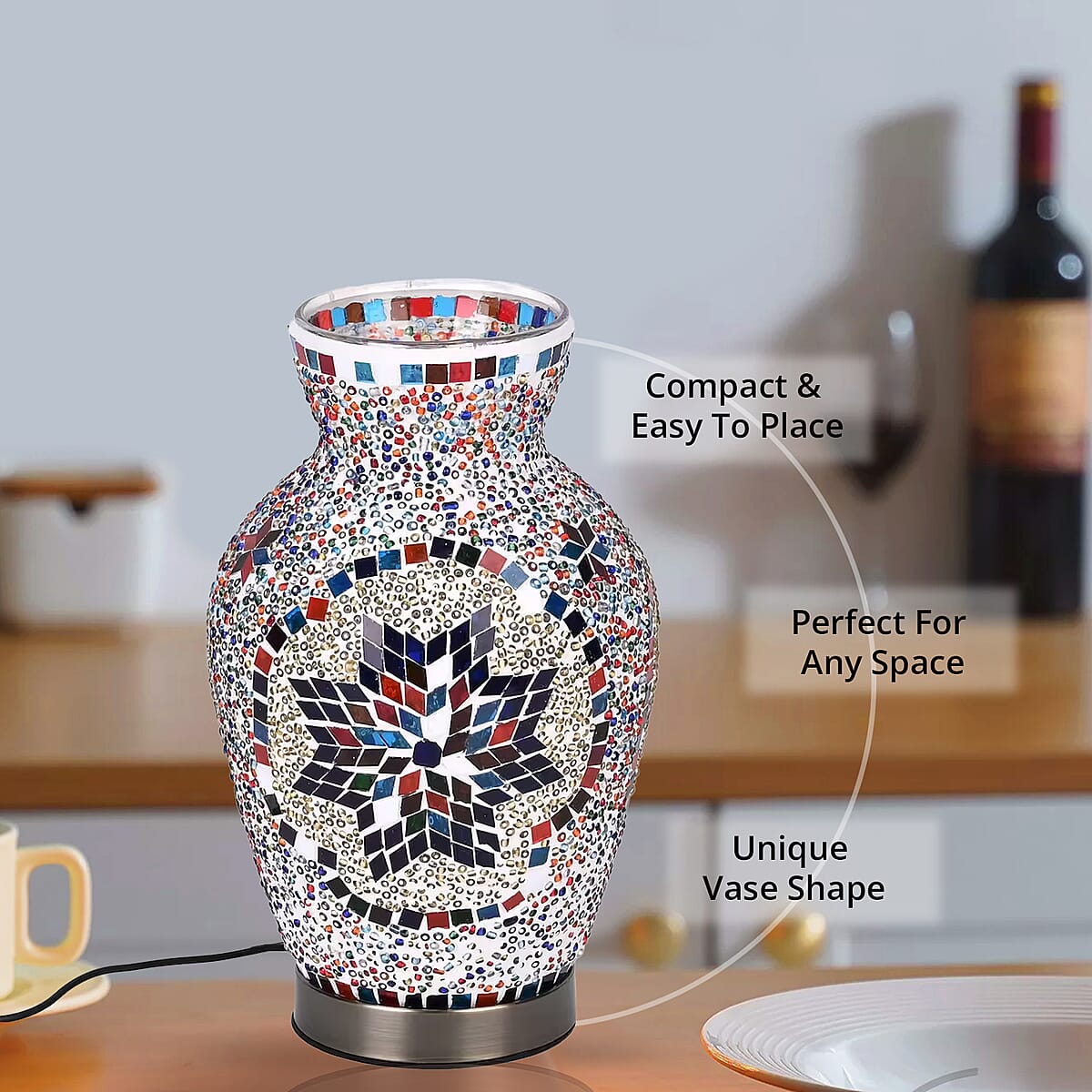 Turkish Moroccan Glass Mosaic Vase Handmade Lamp with Metal Base (5V, USB Cable, 3W) image number 4