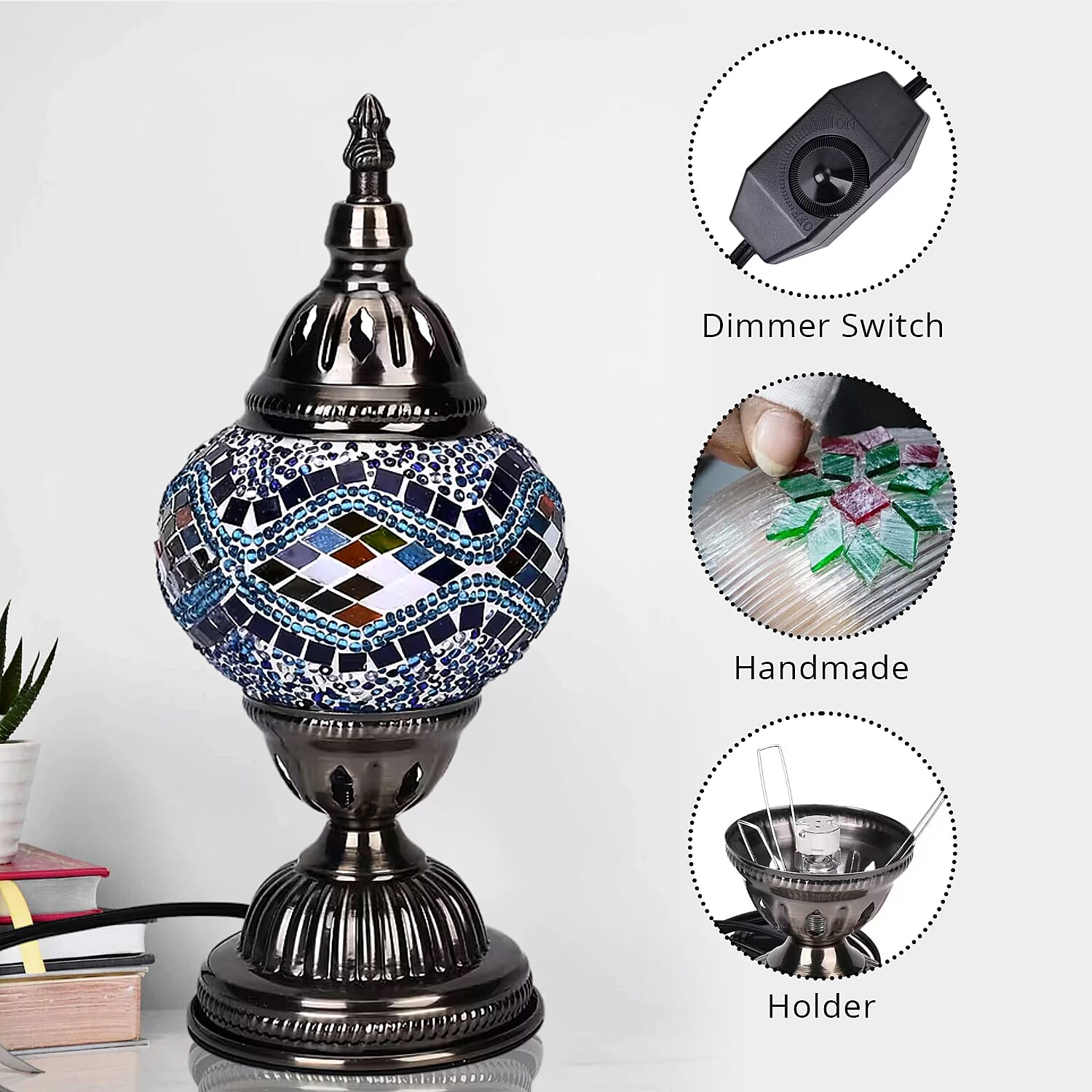Fragrant Turkish Moroccan Glass Mosaic Table Lamp with Bulb and 10 Pieces of Essential Oils for Aromatherapy (US Plug, 110V, 30W)