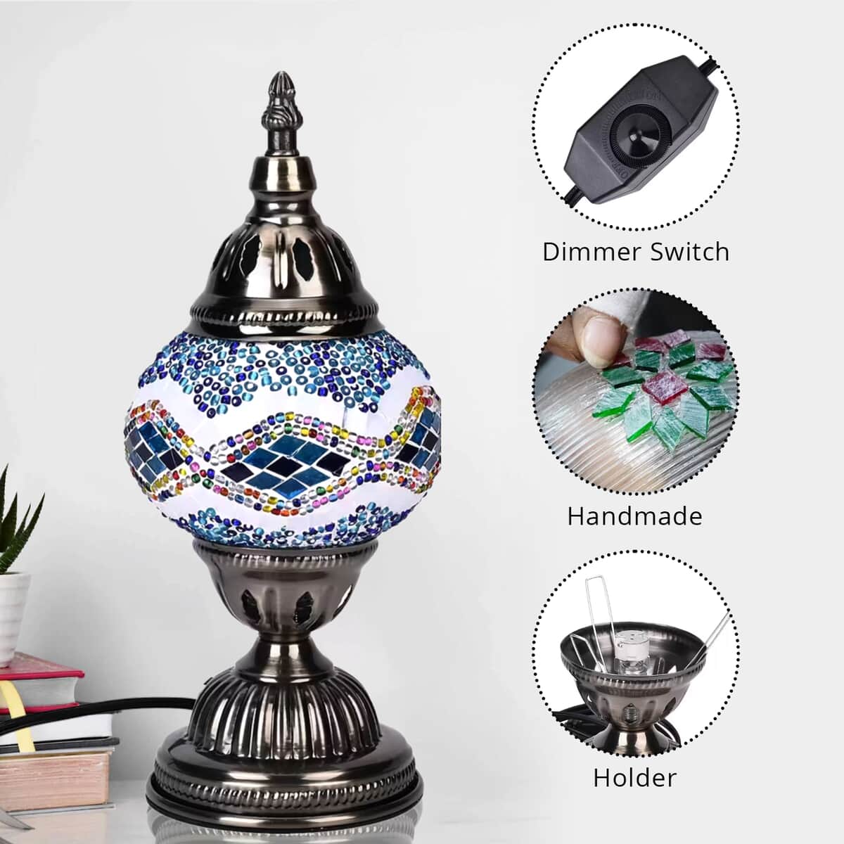 Fragrant Turkish Moroccan Glass Mosaic Table Lamp with Bulb and 10 Pieces of Essential Oils for Aromatherapy (US Plug, 110V, 30W) image number 2