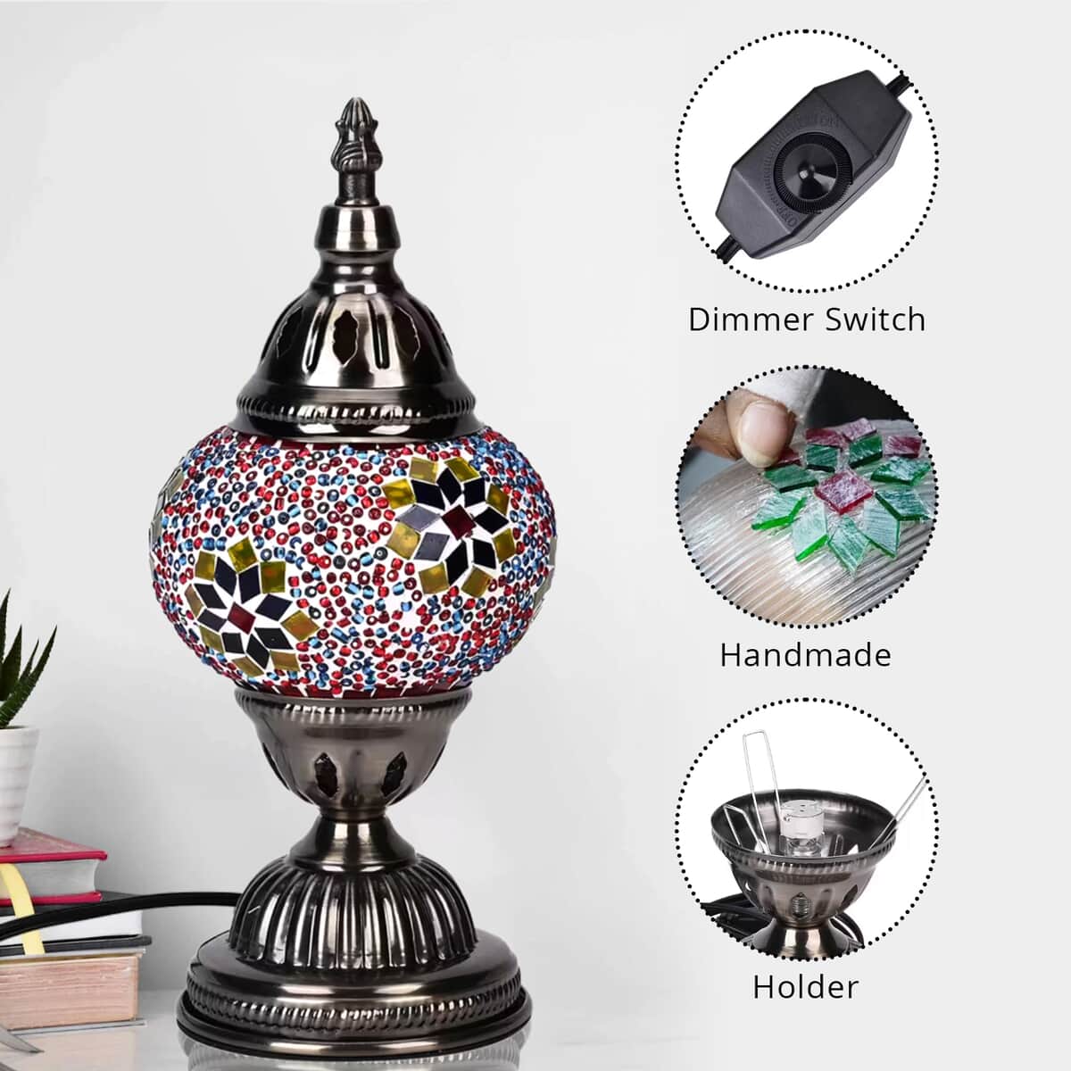 Fragrant Turkish Moroccan Glass Mosaic Table Lamp with Bulb and 10 Pieces of Essential Oils for Aromatherapy (US Plug, 110V, 30W) image number 2