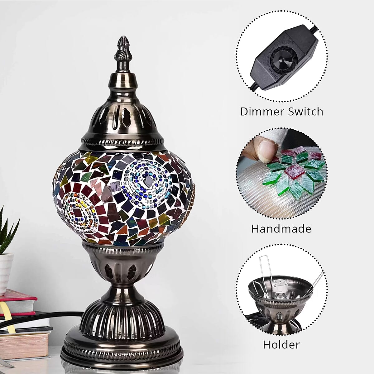 Fragrant Turkish Moroccan Glass Mosaic Table Lamp with Bulb and 10 Pieces of Essential Oils for Aromatherapy (US Plug, 110V, 30W) image number 2