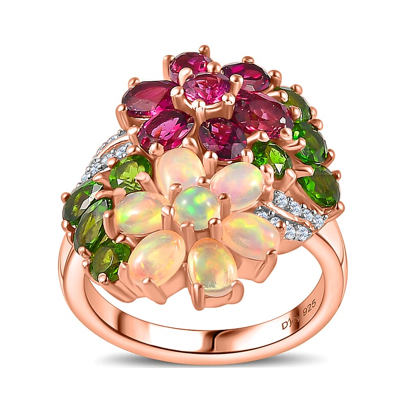 Orissa Rhodolite Garnet and Multi Gemstone Floral Ring in Vermeil Rose Gold Over Sterling Silver (Size 7.0) 3.50 ctw