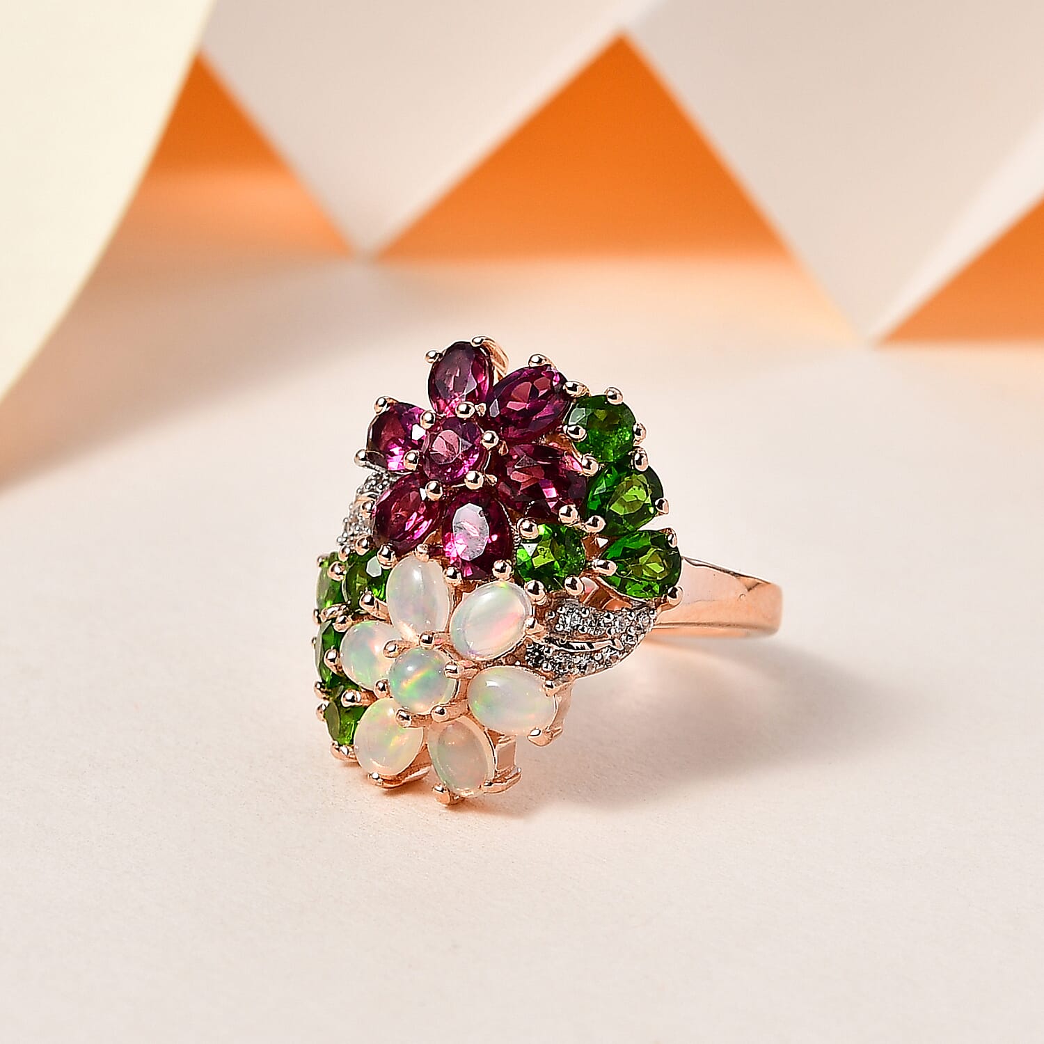Orissa Rhodolite Garnet and Multi Gemstone Floral Ring in Vermeil Rose Gold Over Sterling Silver (Size 7.0) 3.50 ctw