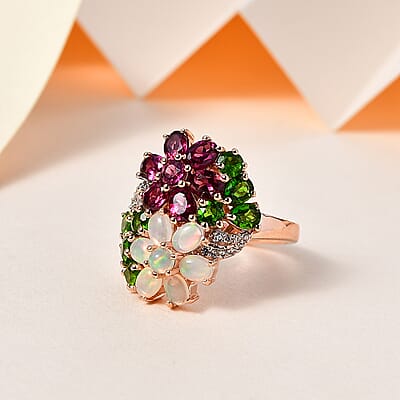 Orissa Rhodolite Garnet and Multi Gemstone Floral Ring in Vermeil Rose Gold Over Sterling Silver (Size 7.0) 3.50 ctw