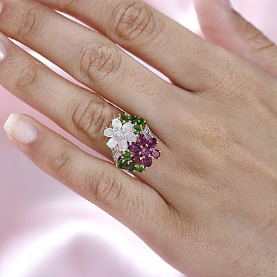 Orissa Rhodolite Garnet and Multi Gemstone Floral Ring in Vermeil Rose Gold Over Sterling Silver (Size 7.0) 3.50 ctw