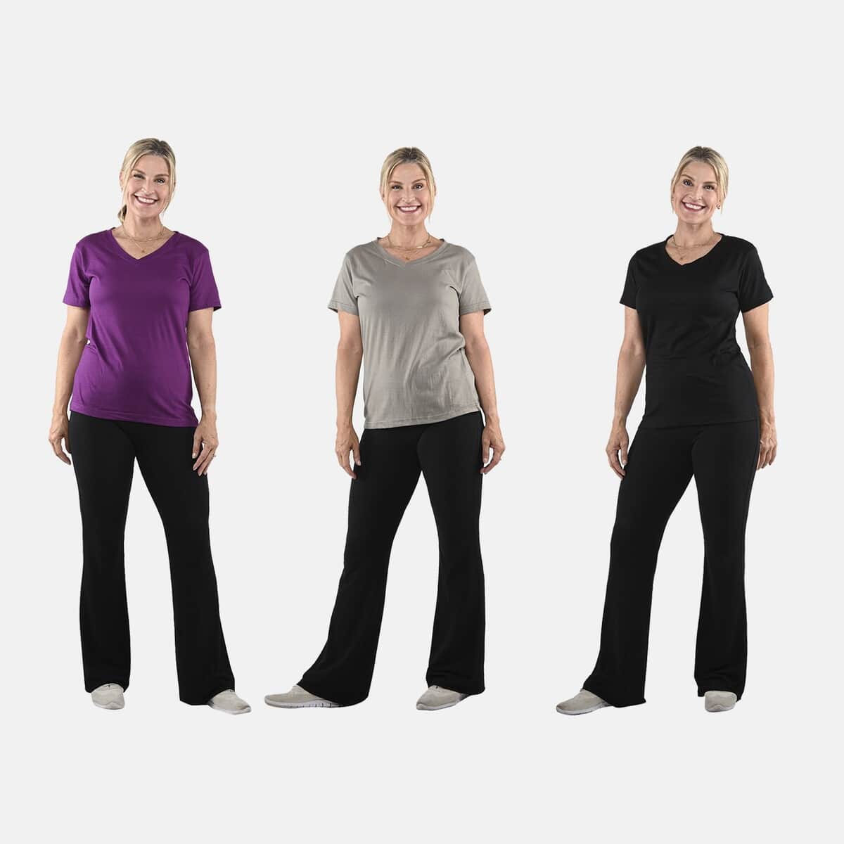 Set of 3 Black, Dark Gray and Purple Cotton Blend V-Neck T-Shirts - S image number 0