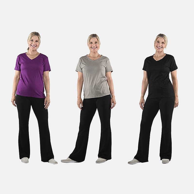 Set of 3 Black, Dark Gray and Purple Cotton Blend V-Neck T-Shirts - S