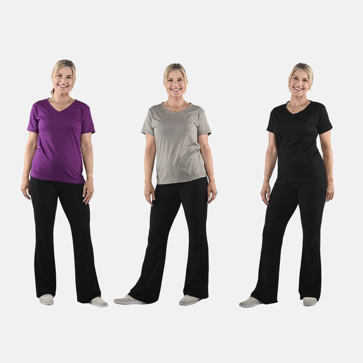 Set of 3 Black, Dark Gray and Purple Cotton Blend V-Neck T-Shirts - L image number 0