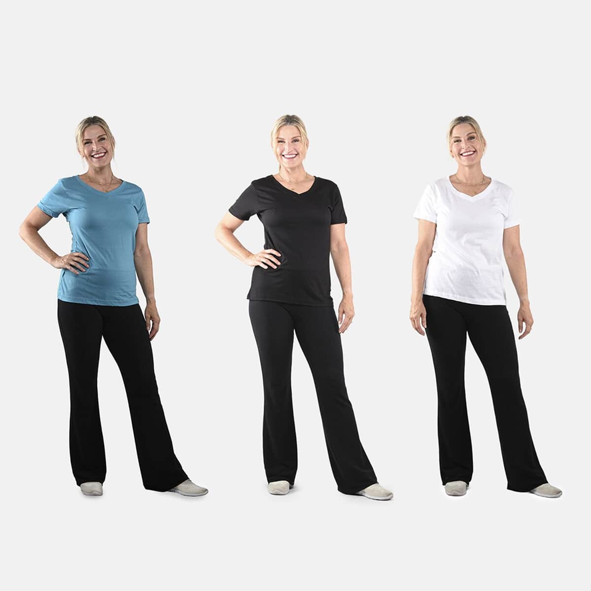 Set of 3 Black, White and Teal Cotton Blend V-Neck T-Shirts - S image number 0