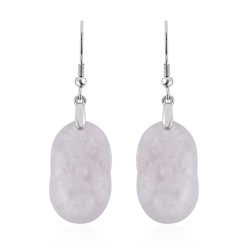 Natural Jade 47.50 ctw Dragon Carved Earrings in Rhodium Over Sterling Silver