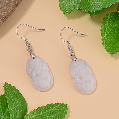 Natural Jade 47.50 ctw Dragon Carved Earrings in Rhodium Over Sterling Silver