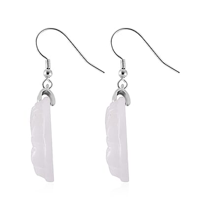 Natural Jade 47.50 ctw Dragon Carved Earrings in Rhodium Over Sterling Silver