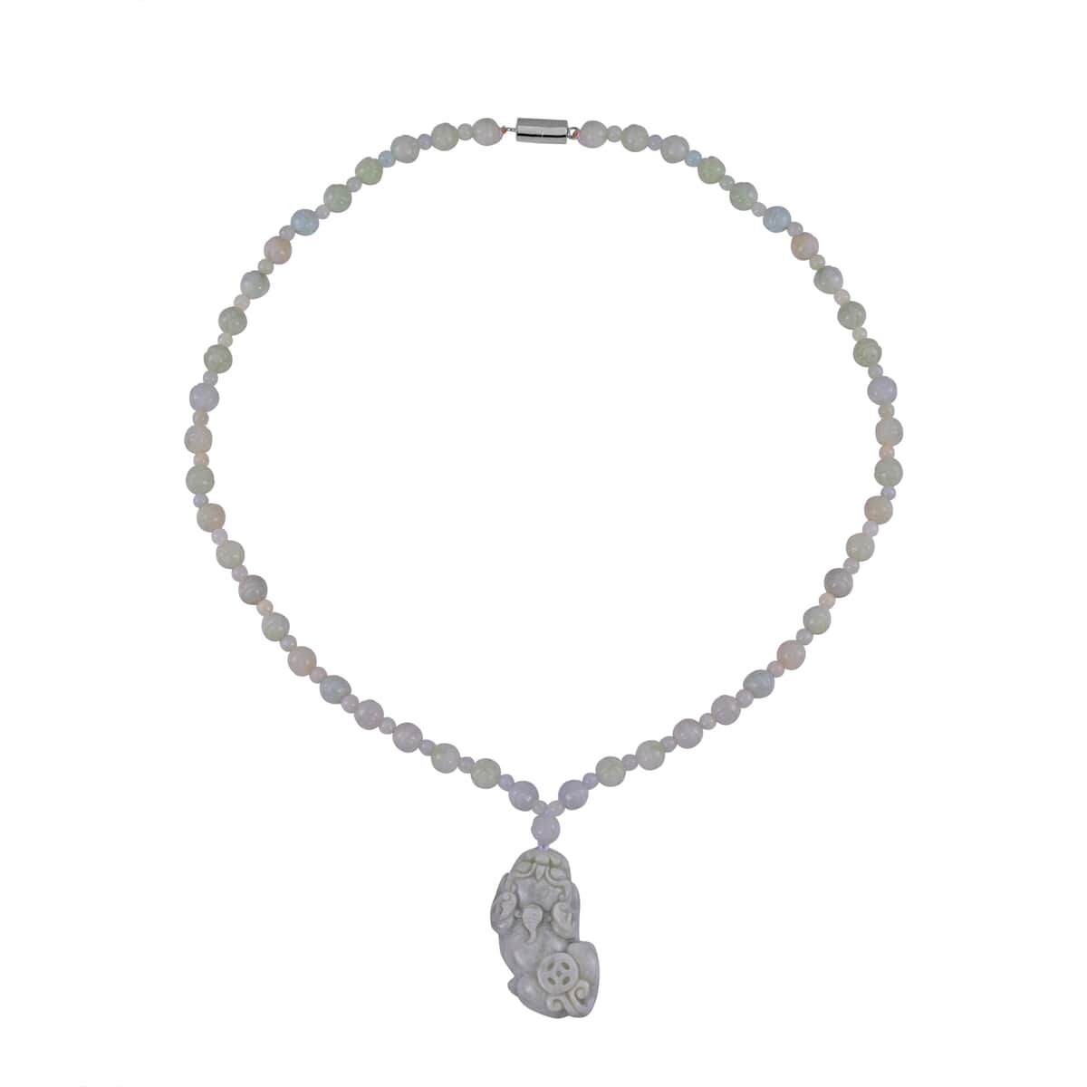 Natural Jade Carved Lotus Beaded Necklace with Pixiu Charm 22 Inches in Rhodium Over Sterling Silver 340.00 ctw image number 0