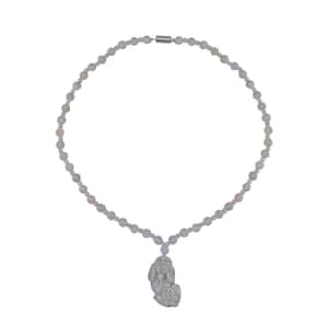 Natural Jade Carved Lotus Beaded Necklace with Pixiu Charm 22 Inches in Rhodium Over Sterling Silver 340.00 ctw