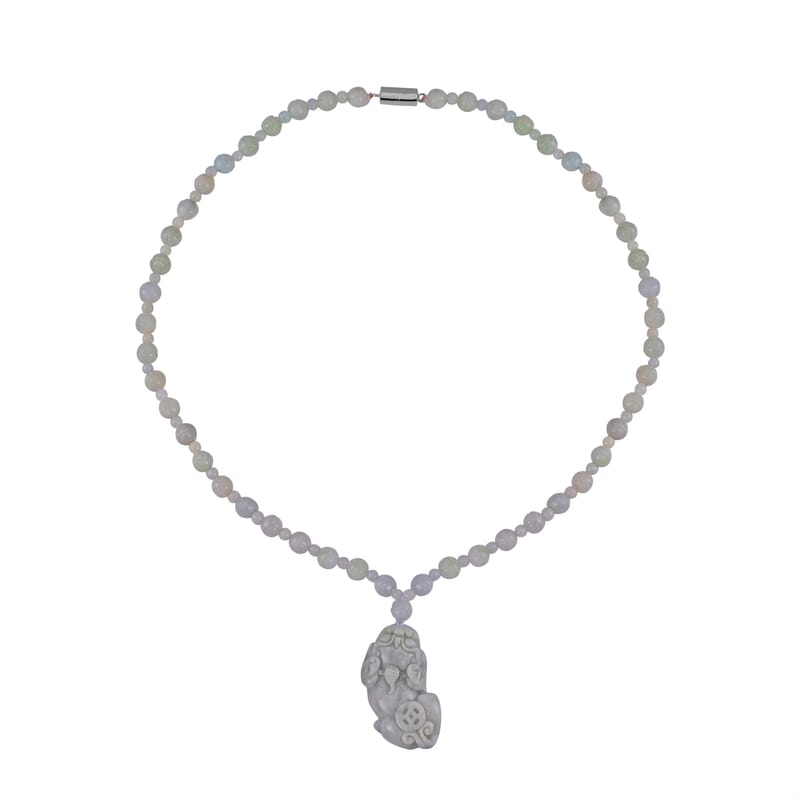 Natural Jade Carved 340.00 ctw Lotus Beaded Necklace with Pixiu Charm in Rhodium Over Sterling Silver 22 Inches