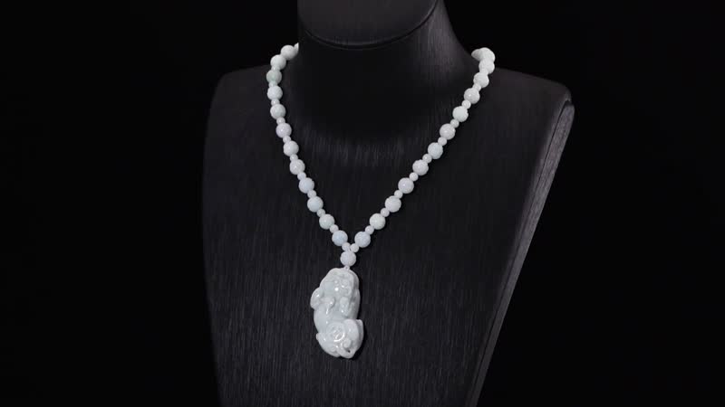 Natural Jade Carved 340.00 ctw Lotus Beaded Necklace with Pixiu Charm in Rhodium Over Sterling Silver 22 Inches