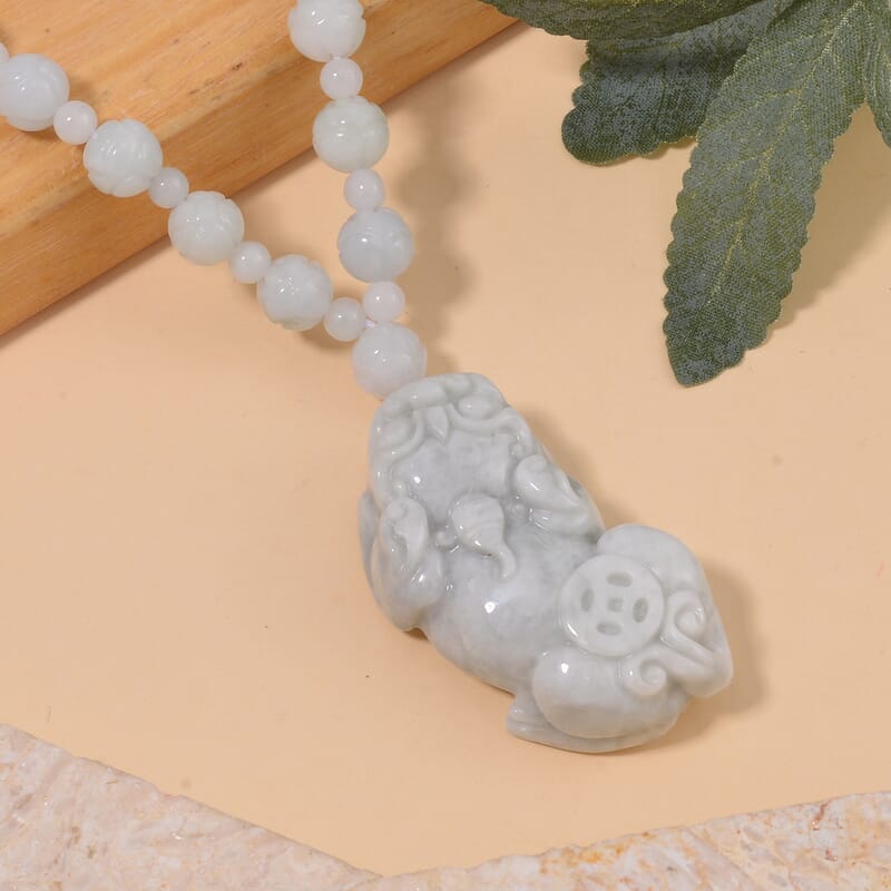 Natural Jade Carved 340.00 ctw Lotus Beaded Necklace with Pixiu Charm in Rhodium Over Sterling Silver 22 Inches