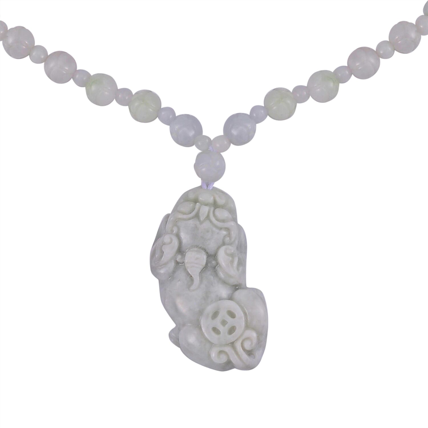 Natural Jade Carved 340.00 ctw Lotus Beaded Necklace with Pixiu Charm in Rhodium Over Sterling Silver 22 Inches