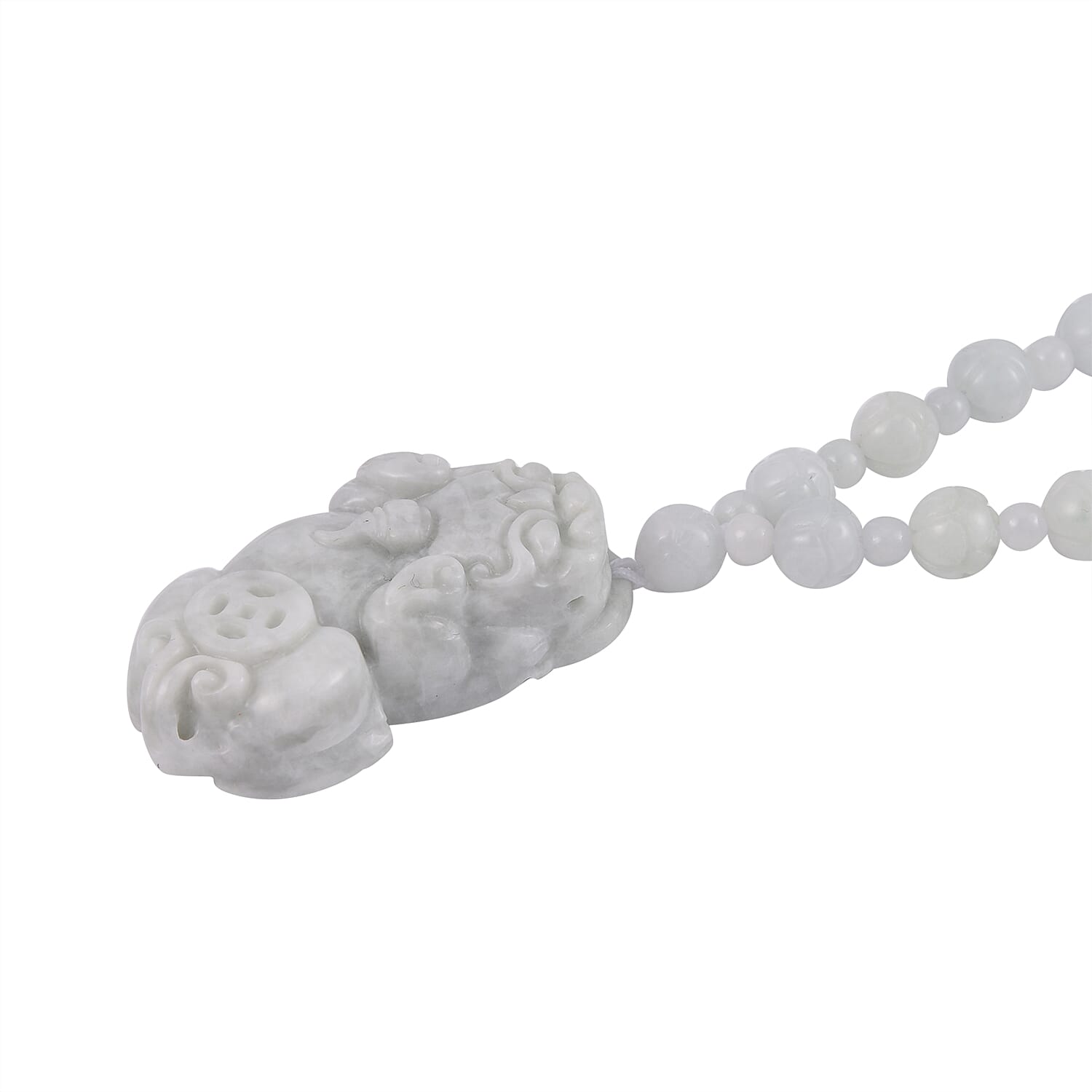 Natural Jade Carved 340.00 ctw Lotus Beaded Necklace with Pixiu Charm in Rhodium Over Sterling Silver 22 Inches
