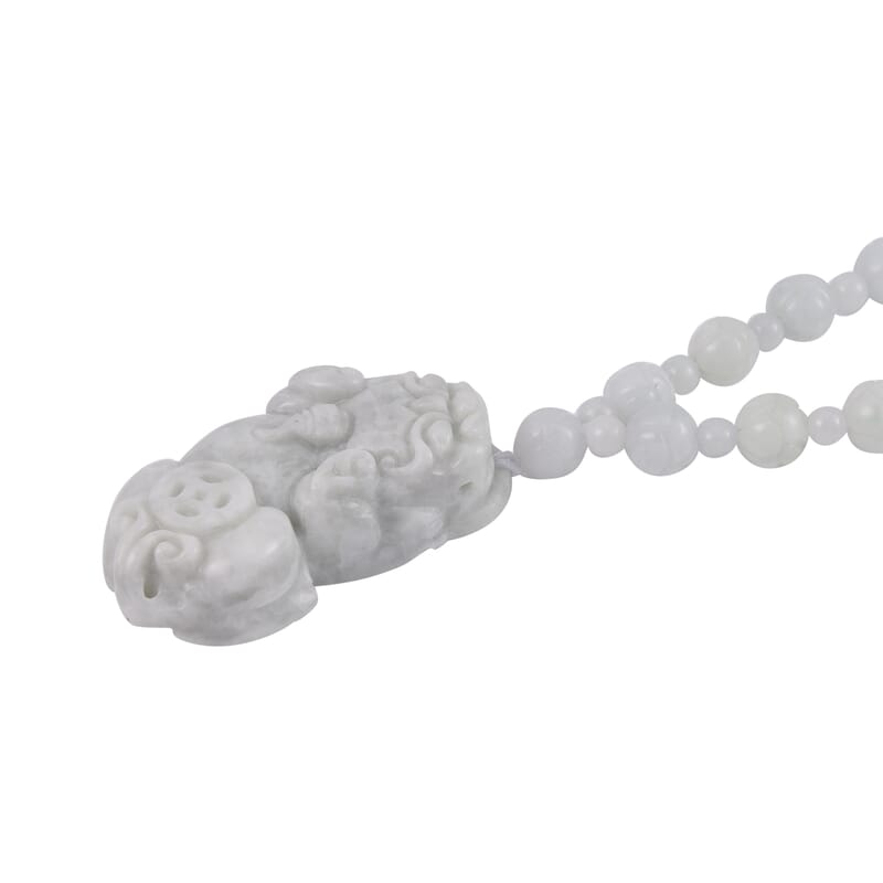 Natural Jade Carved 340.00 ctw Lotus Beaded Necklace with Pixiu Charm in Rhodium Over Sterling Silver 22 Inches