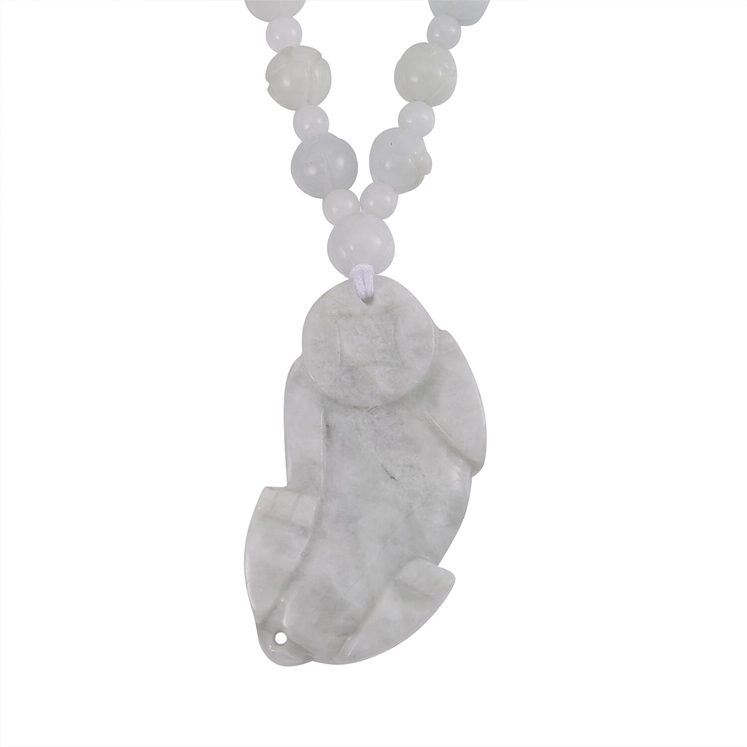 Natural Jade Carved 340.00 ctw Lotus Beaded Necklace with Pixiu Charm in Rhodium Over Sterling Silver 22 Inches