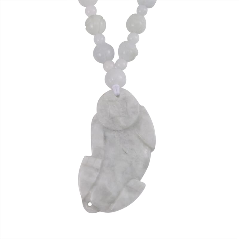 Natural Jade Carved 340.00 ctw Lotus Beaded Necklace with Pixiu Charm in Rhodium Over Sterling Silver 22 Inches