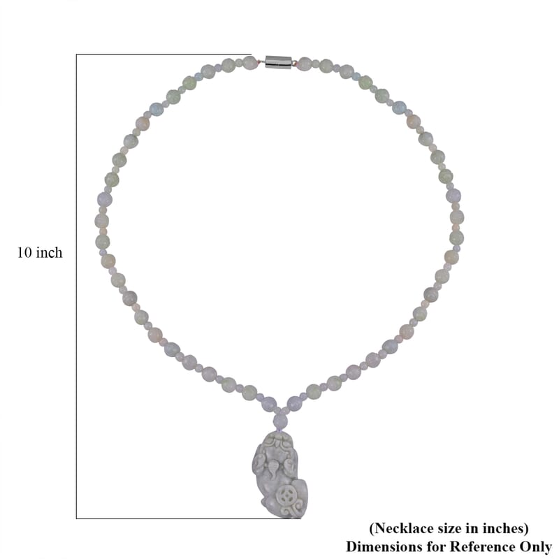 Natural Jade Carved 340.00 ctw Lotus Beaded Necklace with Pixiu Charm in Rhodium Over Sterling Silver 22 Inches