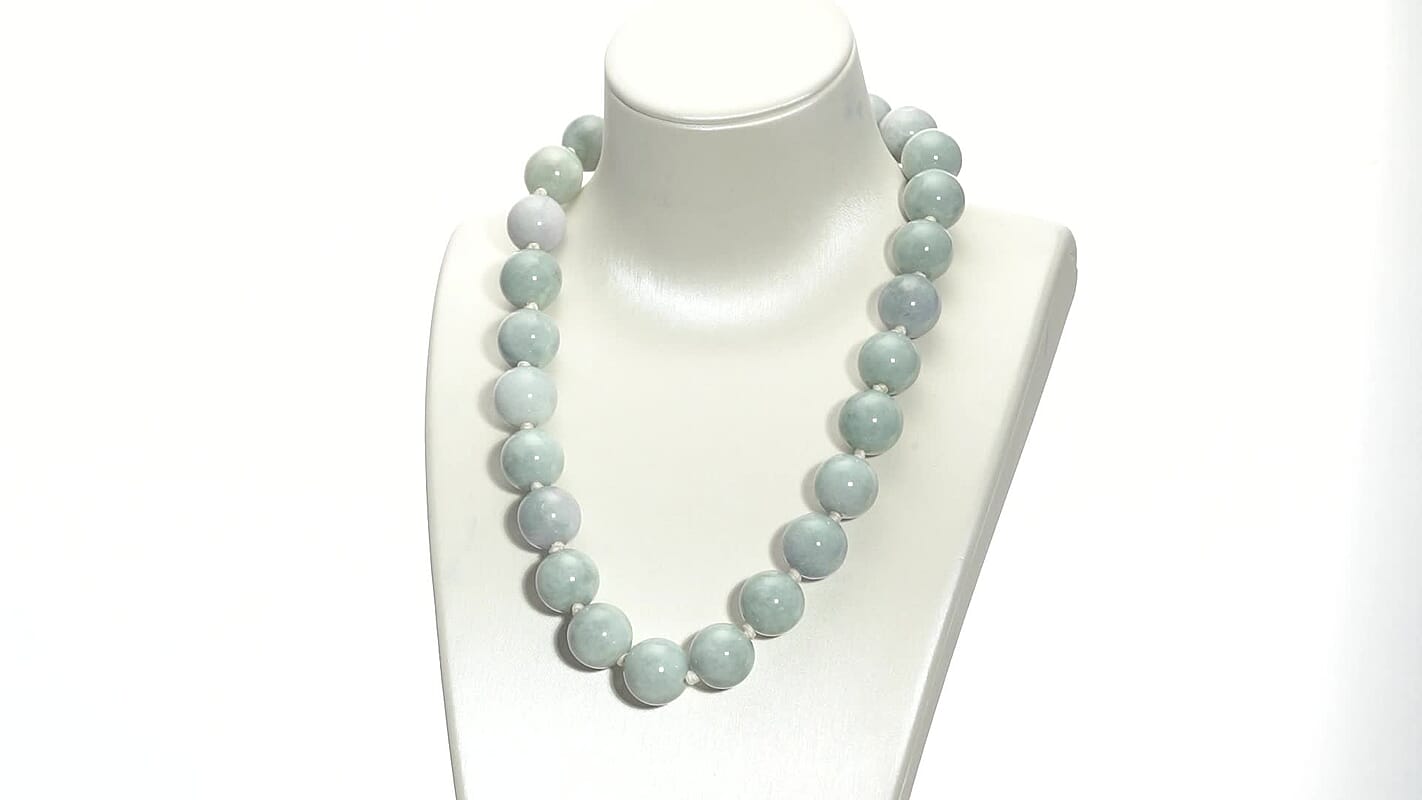Natural Jade Beaded Necklace 18-22 Inches in Rhodium Over Sterling Silver 985.00 ctw