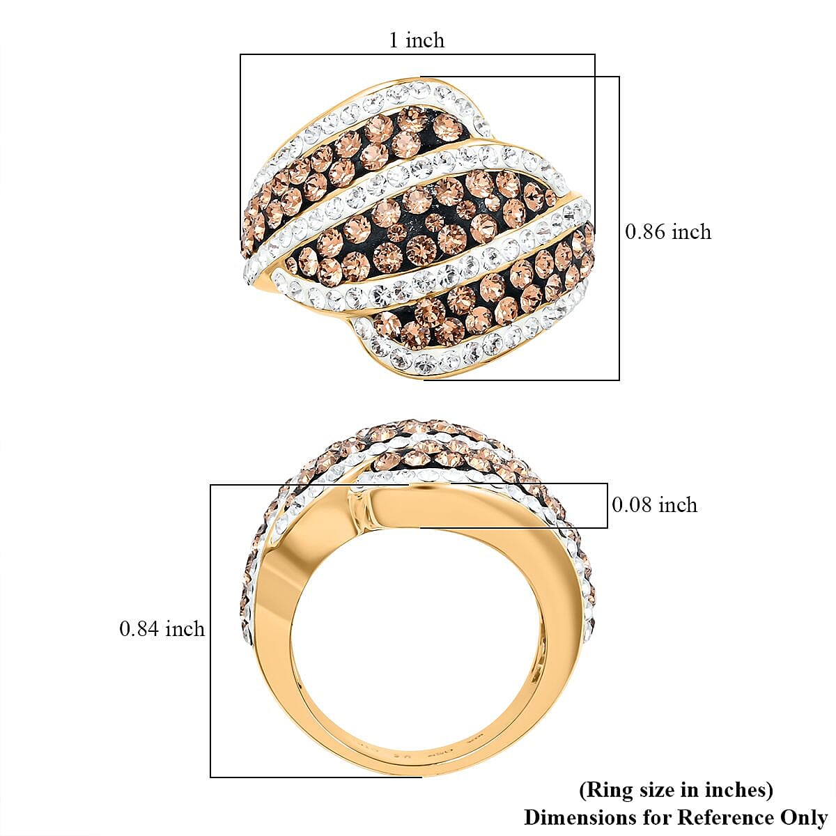 White and Champagne Austrian Crystal Ring in 18K Gold Over (Size 7.0)