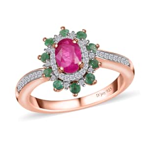 Montepuez Ruby, Emerald and White Zircon Sunburst Ring in Vermeil Rose Gold Over Sterling Silver (Size 10.0) 1.00 ctw